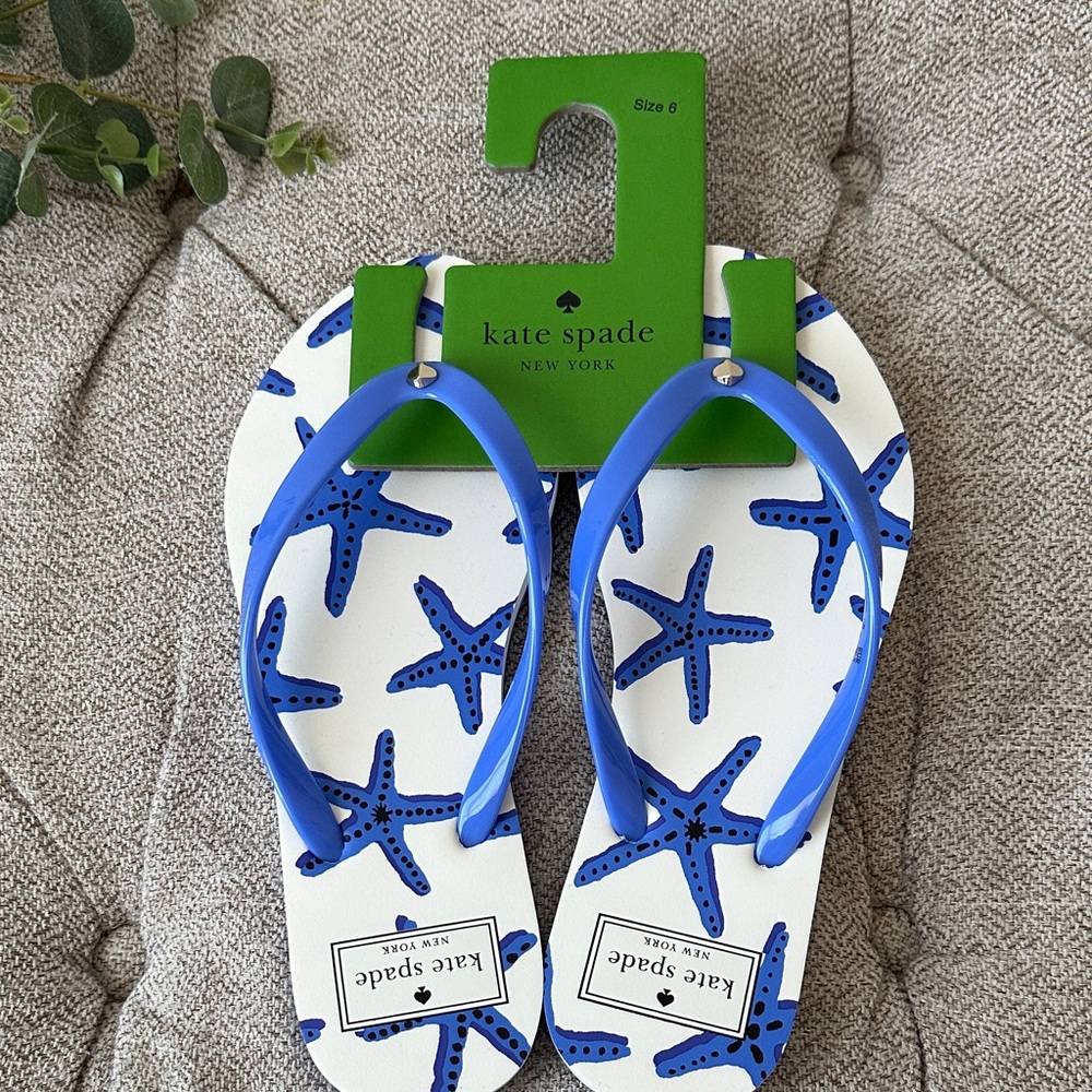 kate spade White and Bright Blue Starfish Flip Flops